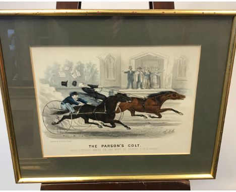 An 19th century coloured print titled 'The Parson's Colt' Hears a trotter behind him and won't be stopped, if it is Sunday' a