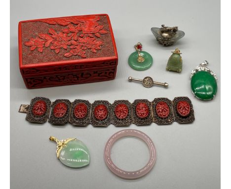 A Selection of Chinese jewellery and collectable items to include cinnabar box, white metal and cinnabar bracelet, 18ct yello