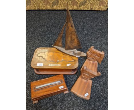 Mixed wooden lot; Jamaica trinket box, Art Deco design, box, mask design book ends, boat model 
