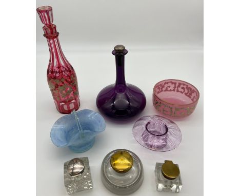 Mixed lot to include;  ruby flash overlay bohemian moser style decanter, antique amethyst colour ship decanter with Birmingha
