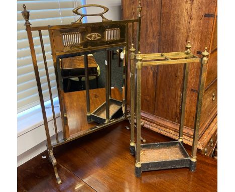 Late 19th century brass fire screen with mirrored front, together with a matching stick stand 