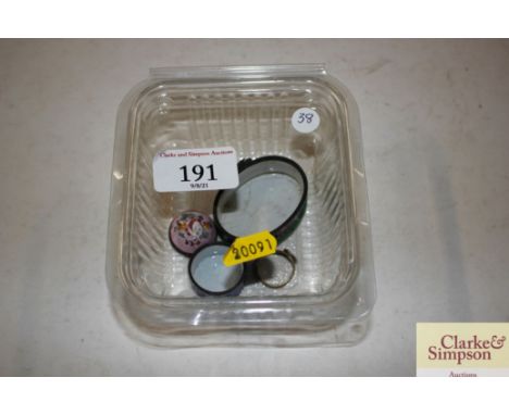 An 18th Century Bilston miniature enamel pill box with mirror to inner lid; a Bilston enamel patch box base and a ring