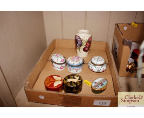 A collection of three Limoges type patch boxes; an enamel box; two other small boxes and a Moorcroft style Anenome vase