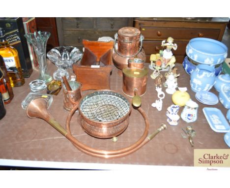 A mahogany and inlaid book trough; and a  copper jug; a copper and brass watering can; rose bowls etc.
