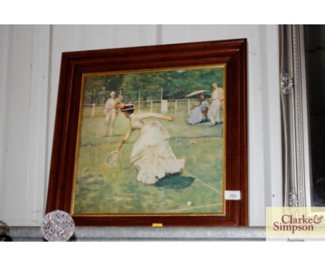 A framed oleograph depicting tennis 