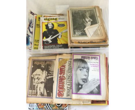 A box of fanzines and music publications comprising Rolling Stone, ZigZag, Broken Arrow (Neil Young), Full Circle (Roger McGu