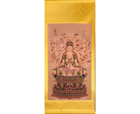 A Chinese silk mounted scroll of a multi armed Buddhist deity, size 67 x 153cm.  Condition: good.
