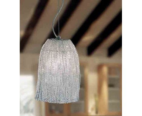 Two Contemporary Stillux Flare 1455/SG clear bead adjustable height chandelier light fittings in matte silver, Dia. 22cm H. 3