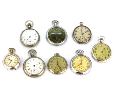 Eight open face pocket watches including one hallmarked silver and one .800 silver outer case. Condition : untested.