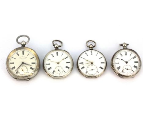 Three silver open face pocket watches and a further white metal pocket watch. Condition : two understood to be in working con