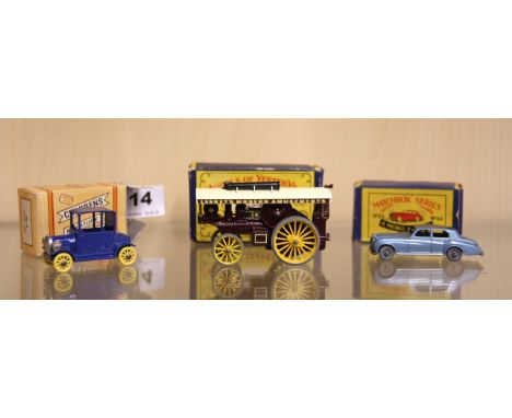 Two matchbox diecast model vehicles and one Charbens diecast model car.