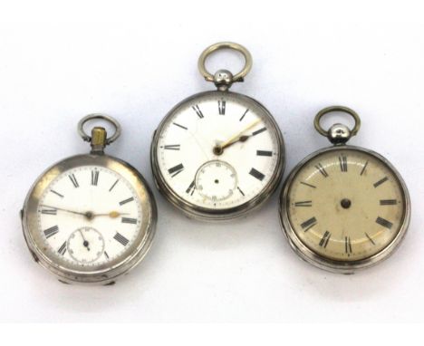 Three silver open face pocket watches. Condition : untested.