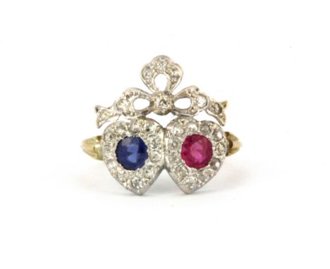 A Victorian double heart ring set with sapphire, ruby and single cut diamonds, (N.5).