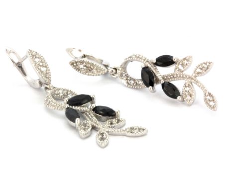 A pair of 925 silver drop earrings set with marquise cut sapphires and white stones, L. 4cm.