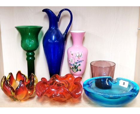 Three Murano glass bowls, largest Dia. 19cm and four other glass items.