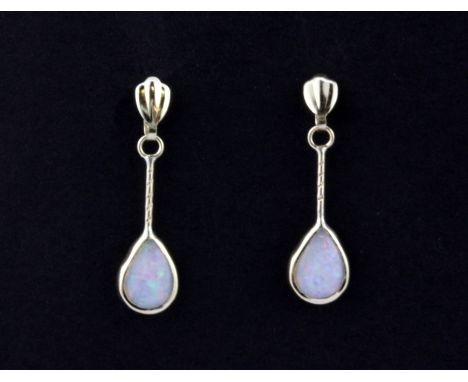 A pair of 9ct yellow gold opal set drop earrings, L. 2cm.