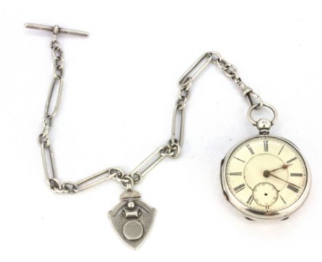 A hallmarked silver open face pocket watch with a hallmarked silver Albert chain and fob, Chester c. 1877. Condition : second