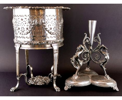 A large French silver plated magnum wine coaster, H. 26cm with a Victorian silver plated epergne stand.