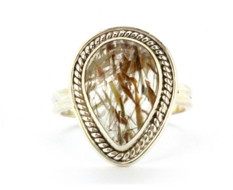 A 925 silver ring set with a cabochon pear cut rutile quartz, (S).