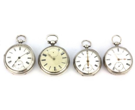 Four hallmarked silver open face pocket watches, Chester c. 1890 &amp; 1899, London c. 1873 &amp; 1881. Condition : Two under