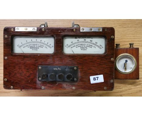 A vintage voltmeter and a further meter, size 33 x 19cm.