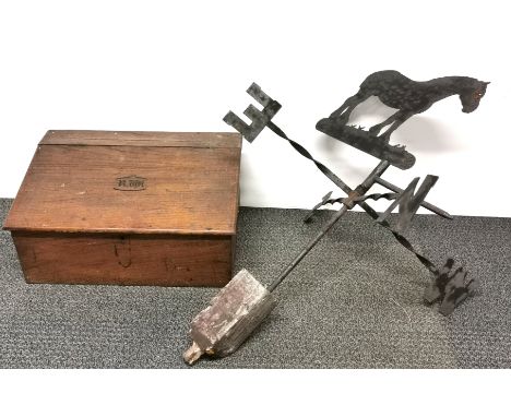 A metal weathervane, together with a vintage box.