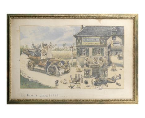 'La Route Libre !?!?!.....', an early De Dion Bouton print after Albert Beerts, French , circa 1906,colour lithographic print