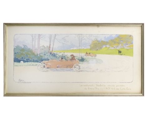 'La Voiturette Bedelia - Grand Prix de L'ACF 1913', a print after Gamy, 1913,hand-coloured pochoir print on paper, by Mabilea