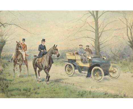 After George Wright (British 1860-1942), '1903 Wolseley 10Hp',hand-coloured monochrome print, watercolour on artists' board, 