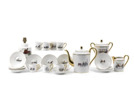 A series of early transport-themed porcelain table-ware by CPA/Limoges, French,modern, in white porcelain with gilt handles o