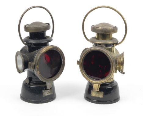 A near pair of Lucas No.431 &amp; No.432 oil-illuminating rear lamps,each with 3¾ inch ruby red main lenses and angled clear 