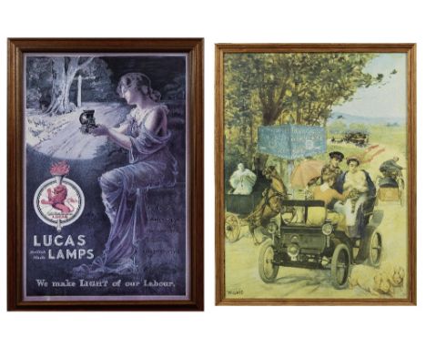 Two framed reproduction motoring prints,comprising a Lucas Lamps 'We make Light of our Labour' reproduction adverting poster,