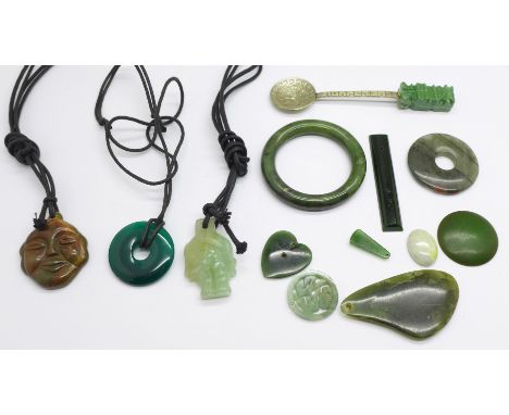 Pieces of jade including a Mexico silver spoon with jade finial 