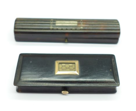 An early 19th Century tortoiseshell and yellow metal mounted patch box, 62mm, and one other tortoiseshell box with inlaid dec