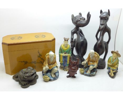 Two carved figures, oriental figures, a caddy, etc. 