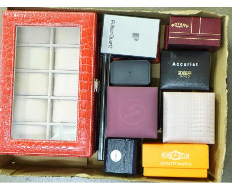 An assortment of empty watch boxes, named including Rotary, Accurist, Sekonda, and a case for twenty watches 