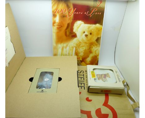 A Steiff 2004 light blue little Teddy bear, boxed, and a Mini Wandteller 125 year commemorative dish, boxed 