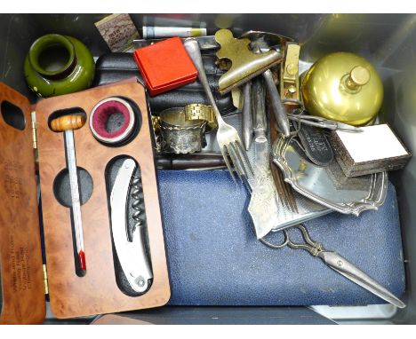 A desk bell, cigar case, cased wine thermometer, flatware including fish servers, a boxed seal set with wax, etc. 