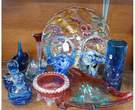 Studio glass including an axe head vase, M'dina vase, three glass baskets, two scent bottles, shallow bowl, etc., (12) 