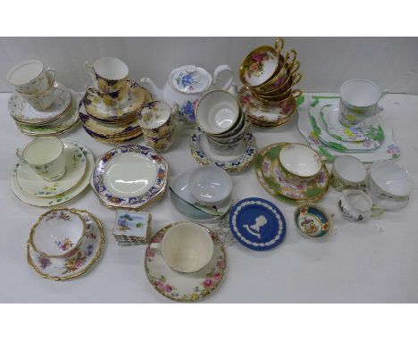 A box of Art Deco and other teawares, including Mintons, Royal Albert Friendship tea pot, Royal Doulton, Hammersley, etc. **P