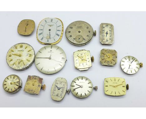 Lady's and gentleman's wristwatch movements including Omega, Universal, Jaeger-LeCoultre, Longines Zenith, Tissot, etc. 