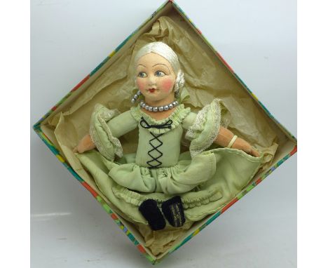 A Norah Wellings Handkerchief Satchet doll, Mignonette 987AA, with original box
