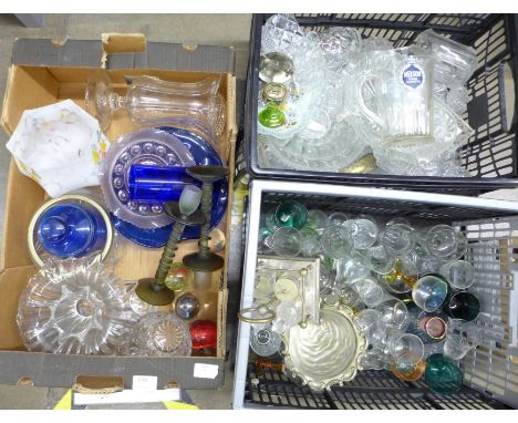 Three boxes of mixed glass, drinking glasses, four bottle condiment set, vases, light shade, etc. **PLEASE NOTE THIS LOT IS N