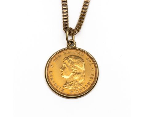Gouden tientje, Wilhelmina met loshangend haar, 1897. In een gouden muntrand. Aan een 14 kt. gouden fantasie vossenstaart col