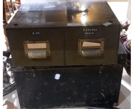 A tin trunk and a pair of tin filing drawers