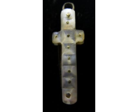 A miniature mother-of-pearl fruit knife fob, in the form of a cross
