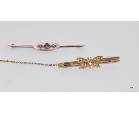 2 x 9ct gold broaches one peridot /pearl other ruby/pearl