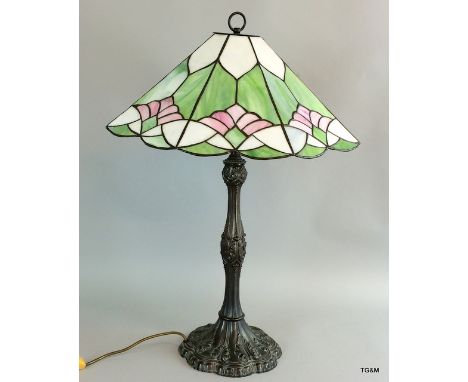 Tiffany style Art Nouveau  lamp with fluted shade & carved base