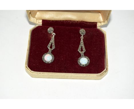 A pair of silver, marcasite and opal drop earrings in the Art Deco style