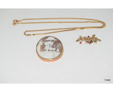 "9ct gold and ruby broach gold cameo and gold chain